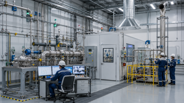 Laboratoryjna instalacja wodorowa z detekcją wycieków i systemem wentylacji.