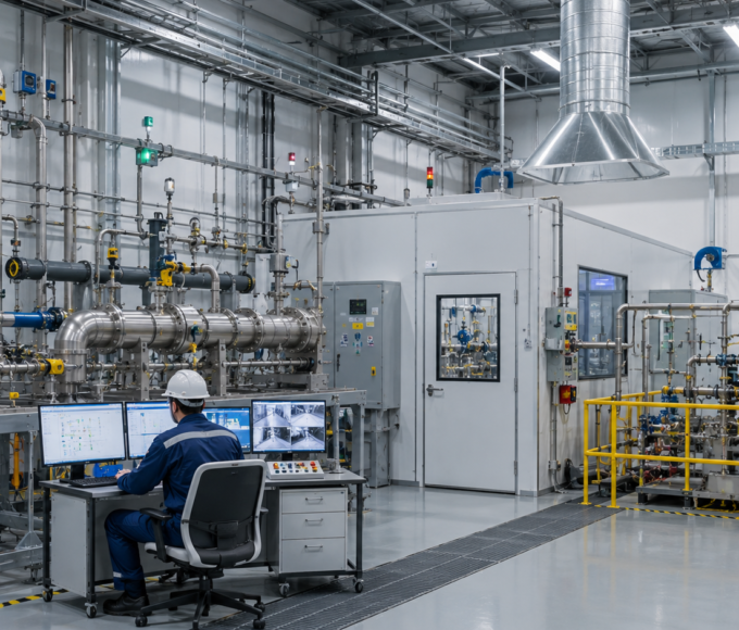 Laboratoryjna instalacja wodorowa z detekcją wycieków i systemem wentylacji.